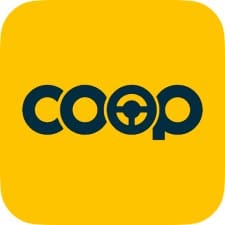 Logo of COOP car-sharing service in yellow.