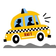 Yellow taxi cab with passengers in motion.